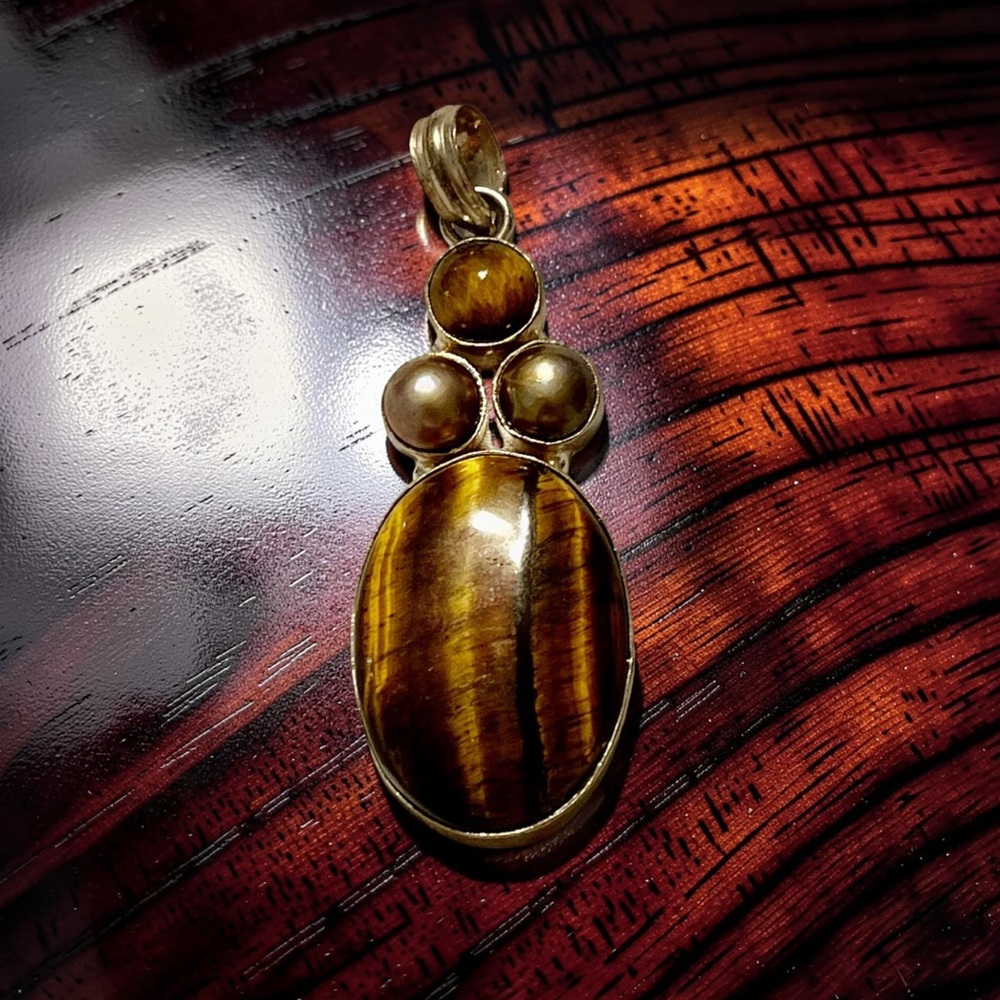 Sterling Silver Tiger's Eye Oval Pendant Necklace Vintage